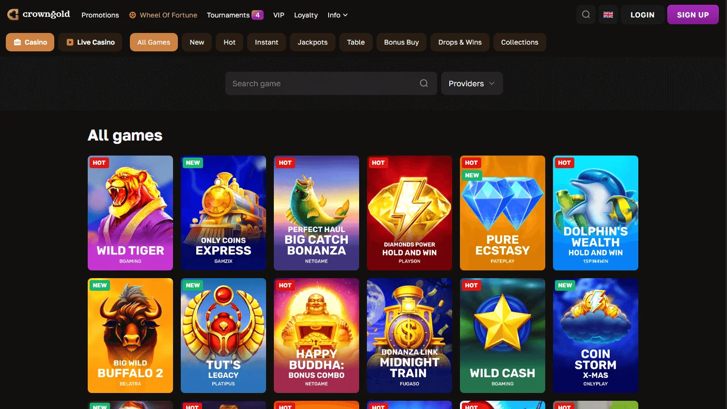 Crowngold Casino desktop games view with pokies and casino categories