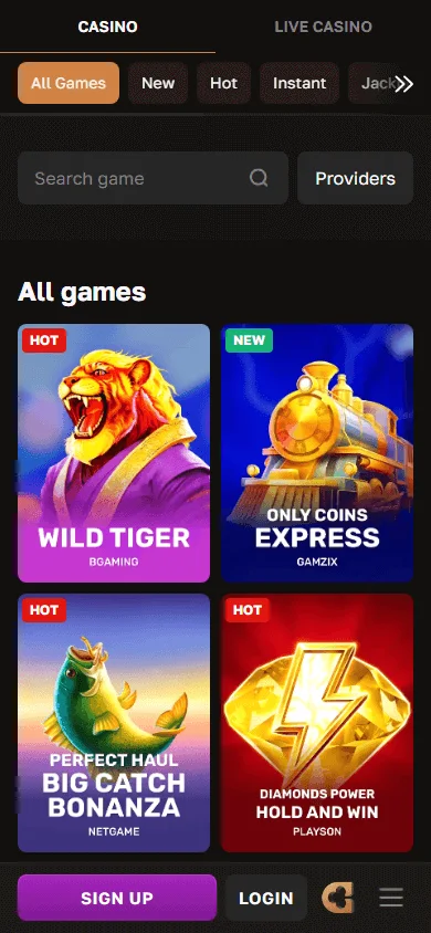 Crowngold Casino mobile games view with casino titles