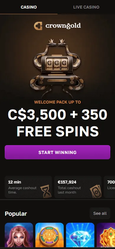 Crowngold Casino mobile browser home view