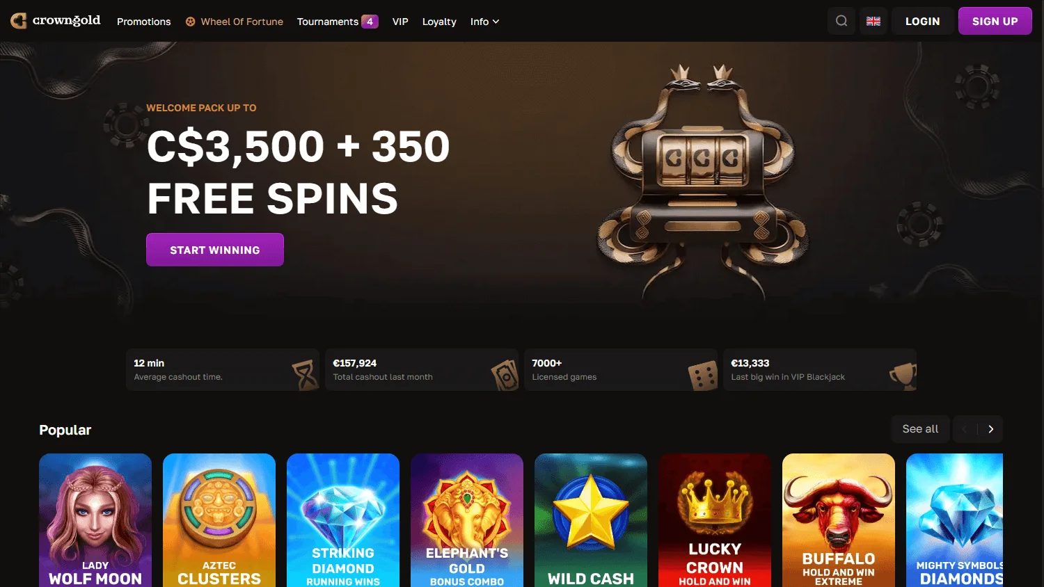 Crowngold Casino desktop home view with casino offers and game access