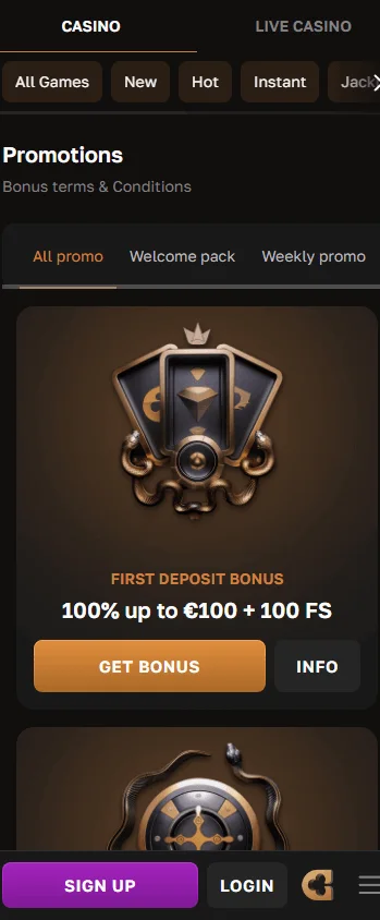 Crowngold Casino mobile promotions view with bonus offers
